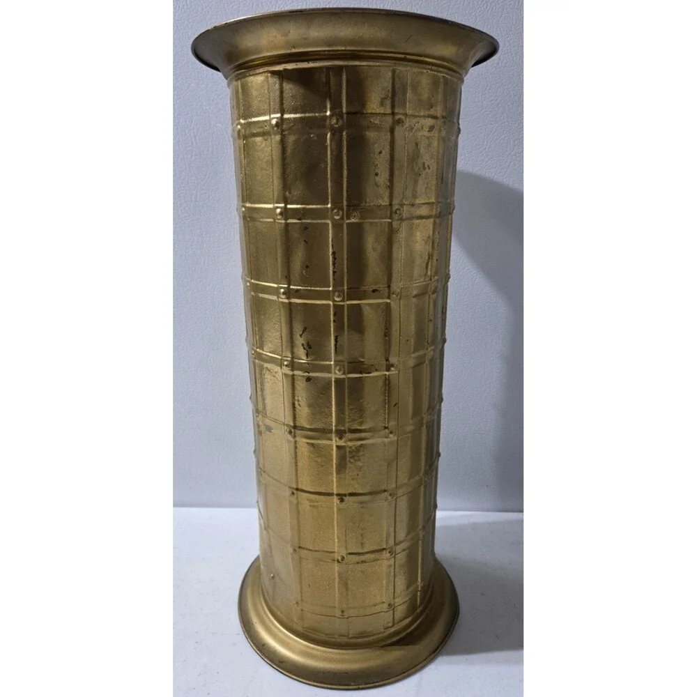 Vintage 18' Brass Umbrella Stand English Hammered Lattice Rivets Design
